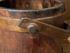 Farmhouse 19TH C Wooden Finger Banded FIRKIN w/handle & pegs 9.5"T x 10"W  Wow — photo 10