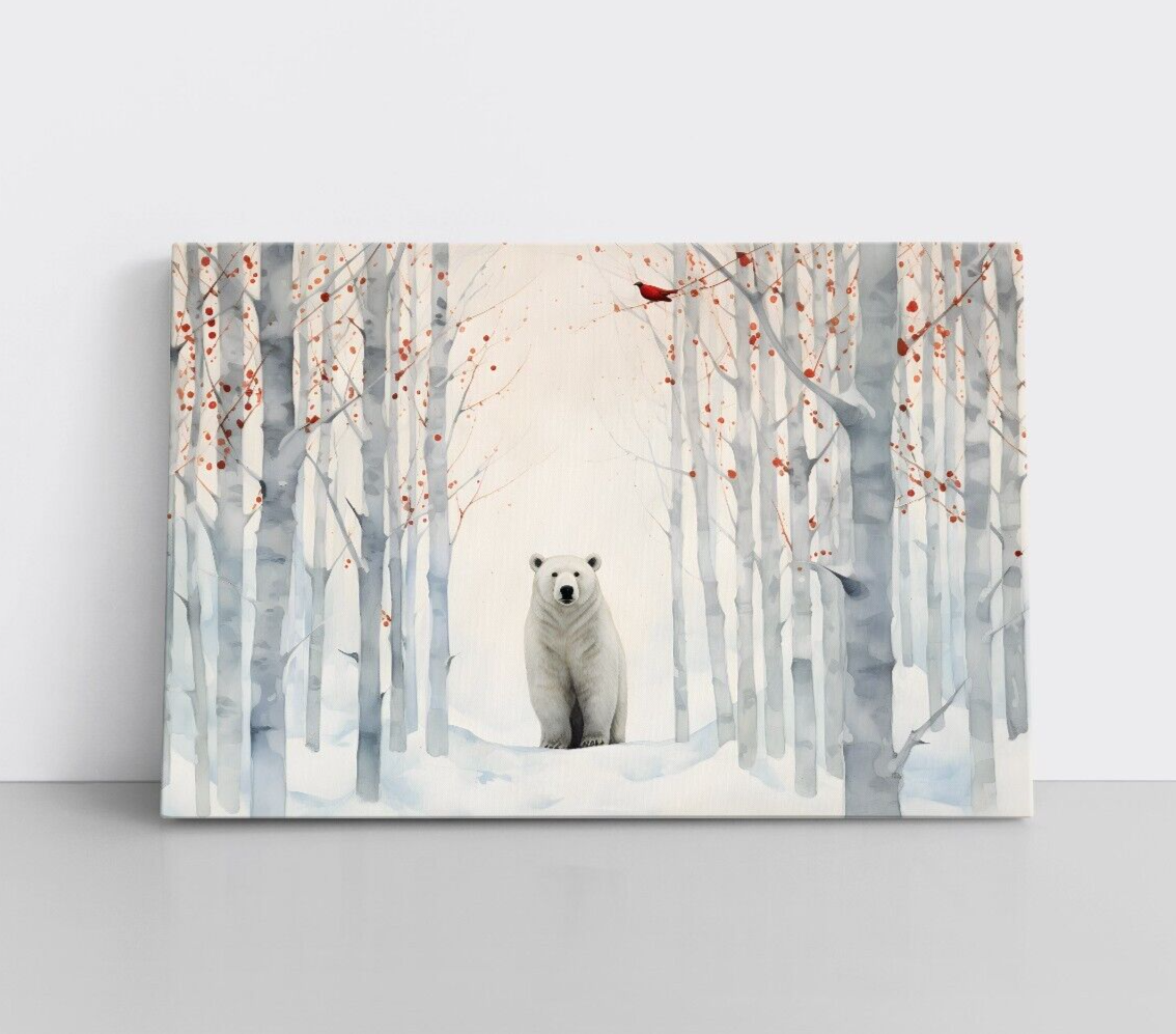 Polar Bear Winter Forest Watercolor Painting Framed Canvas Wall Art Print Animal