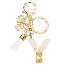 Initial Letter Keychains, Resin Cute Pendant with Butterfly Tassel, White-Y