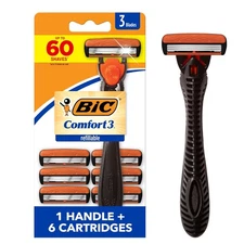 BIC Comfort 3 Refillable Three-Blade Razor 6 Count (Pack of 1), Black/Orange 