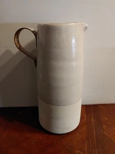 New Farmhouse LARGE AGED GRAY CERAMIC PITCHER Metal Handle Vase Crock Jug 