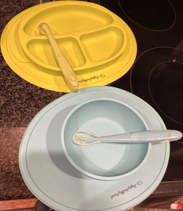 Happy Baby Panel Mixed Set Yellow Plate, Blue Bowl, Spoon Baby Feeding Set