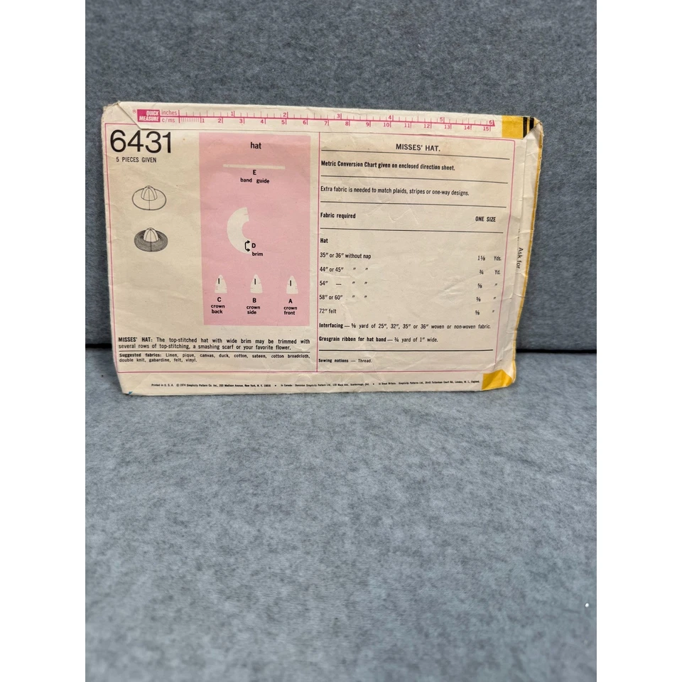 VTG Simplicity 6431 Sun Hat Sewing Pattern 1970s Wide Brim Hat UNCUT Boho Chic - Image 3 of 4