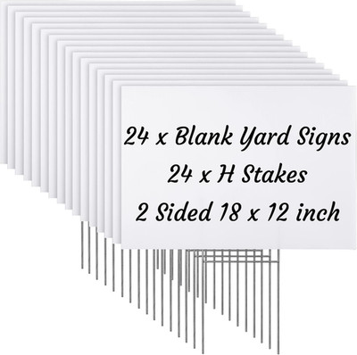 24 Blank Yard Signs with Stakes - Waterproof Double-Sided 12x18 Inch White Signs