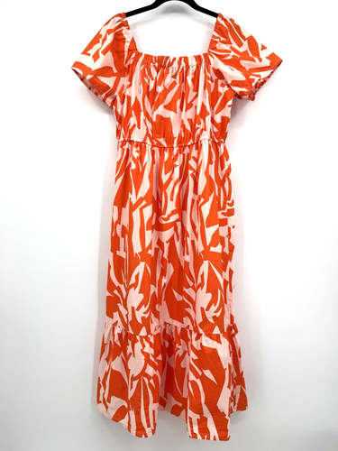 NAOO Womens Large Orange White Abstract Print Off Shoulder Midi Dress Resortwear - Afbeelding 1 van 9