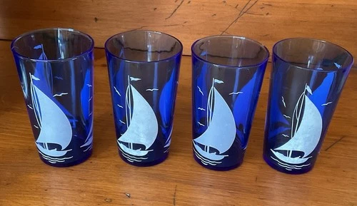 4 Hazel Atlas Cobalt Blue White Ship Sailboat  Juice Glass  4 1/2” VTG MCM