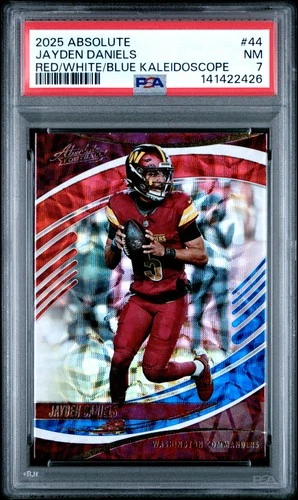 2025 PANINI ABSOLUTE RED/WHITE/BLUE KALEIDOSCOPE #44 JAYDEN DANIELS RC PSA 7