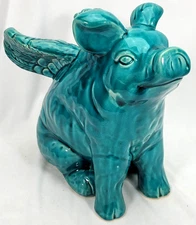 Ceramic Blue Flying Pig with Antique/Krackel Glaze Crazing -/4B