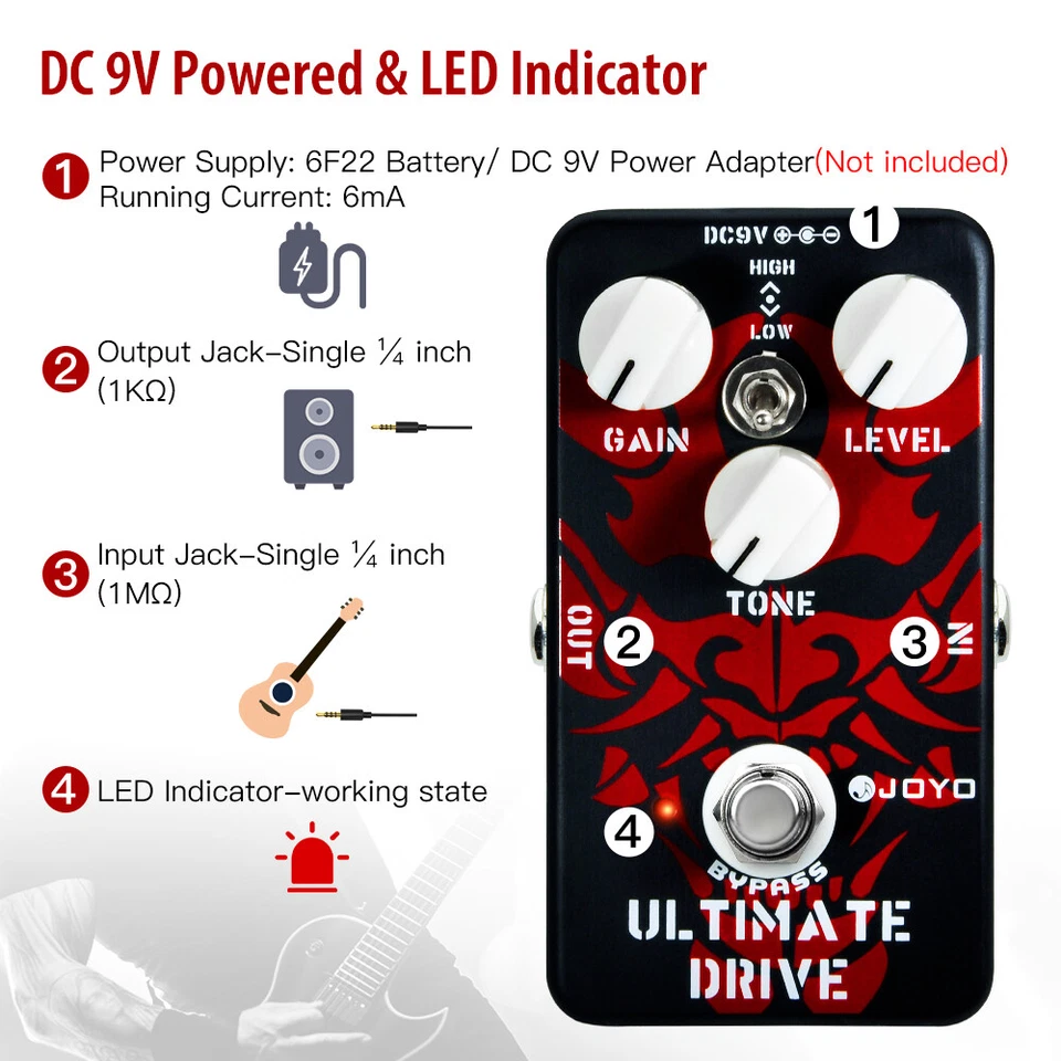 Pedal efecto distorsión para guitarra eléctrica JOYO Ultimate Drive Overdrive (abierto) - Imagen 3 de 4