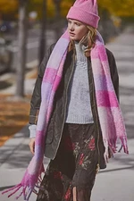 Free People Piper Plaid Scarf Sugar Plum Recycled Fringe Pink Oversized NWT