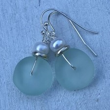 Min Favorit Seafoam Sea Glass, White Button Pearl  Silver Pl Drop Earrings
