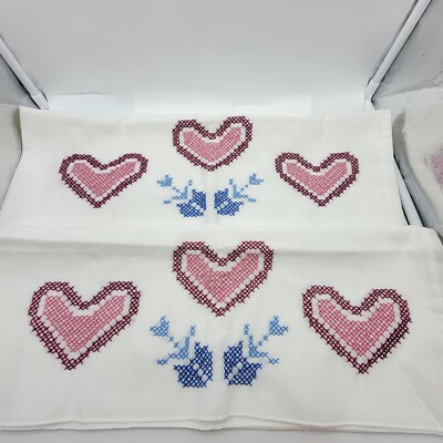 Set 2 Fancy Work Embroidered Pillowcases Red Hearts Blue Arrows Bed Breakfast