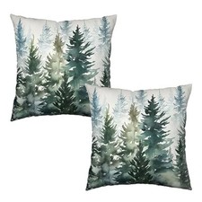 Pine Tree Pillow Covers 22x22 Set of 2 Watercolor Dark Green Tree Throw Pillo...