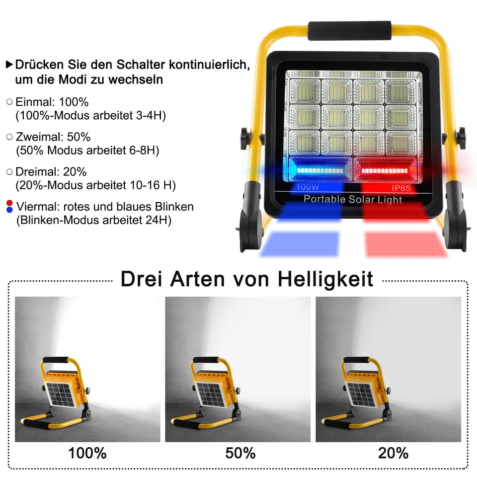 100W LED Suchleuchte Taschenlampe Solar Flutlicht Arbeitslicht Camping Laterne - Bild 2 von 4