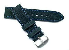 24mm Black Quality Oily Cowhide Leather Blue Stitching Watch Band Silver Buckle