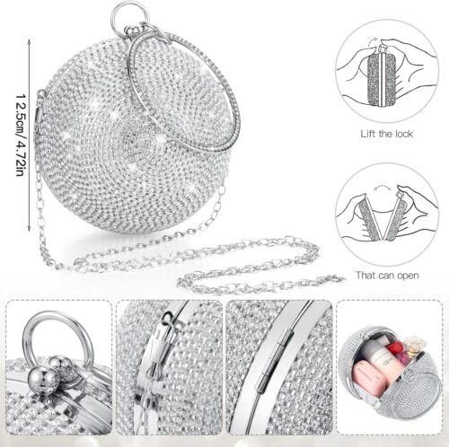 Disco Round Purse Silver Circle Ball Crystal Clutch Shape, - Picture 3 of 7