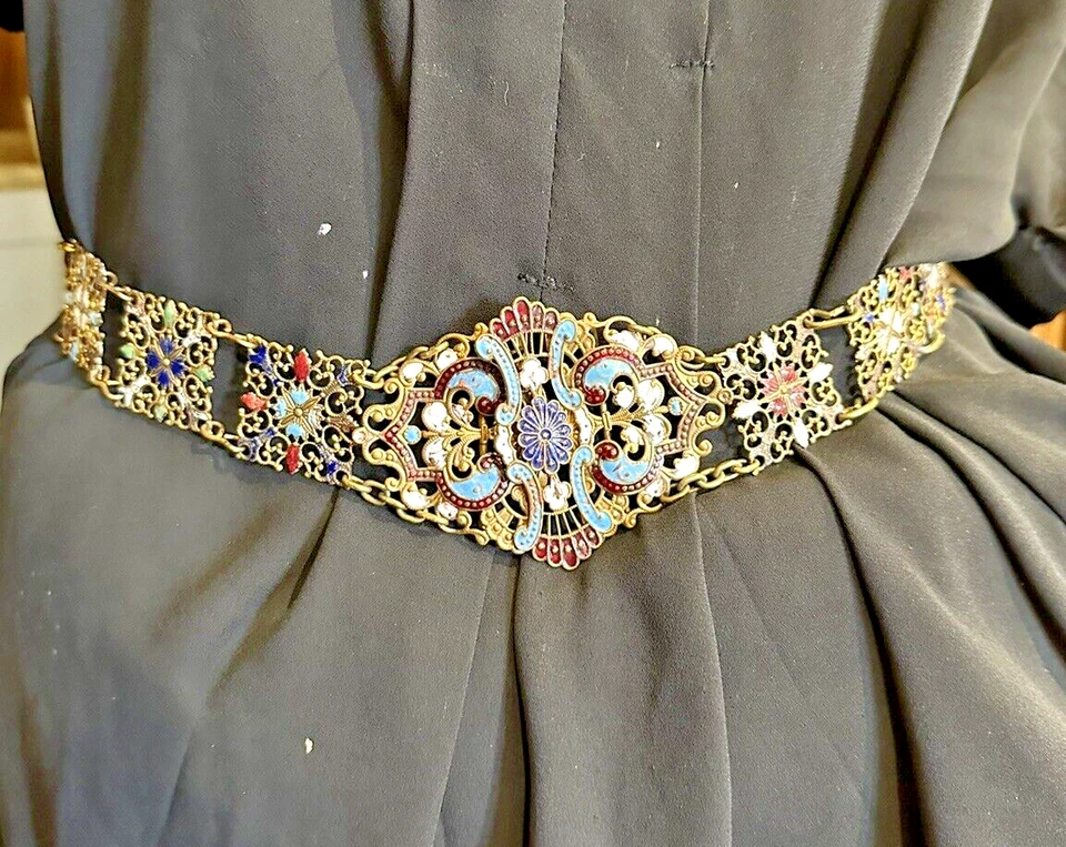 Antique Victorian Blue Red Enamel Gold tone Filigree Buckle 26" Belt Necklace - Image 2 of 4