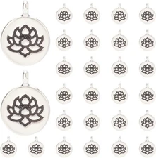 6 Lotus Charms Meditation Antiqued Silver Zen Flower Pendants 15mm Engraved