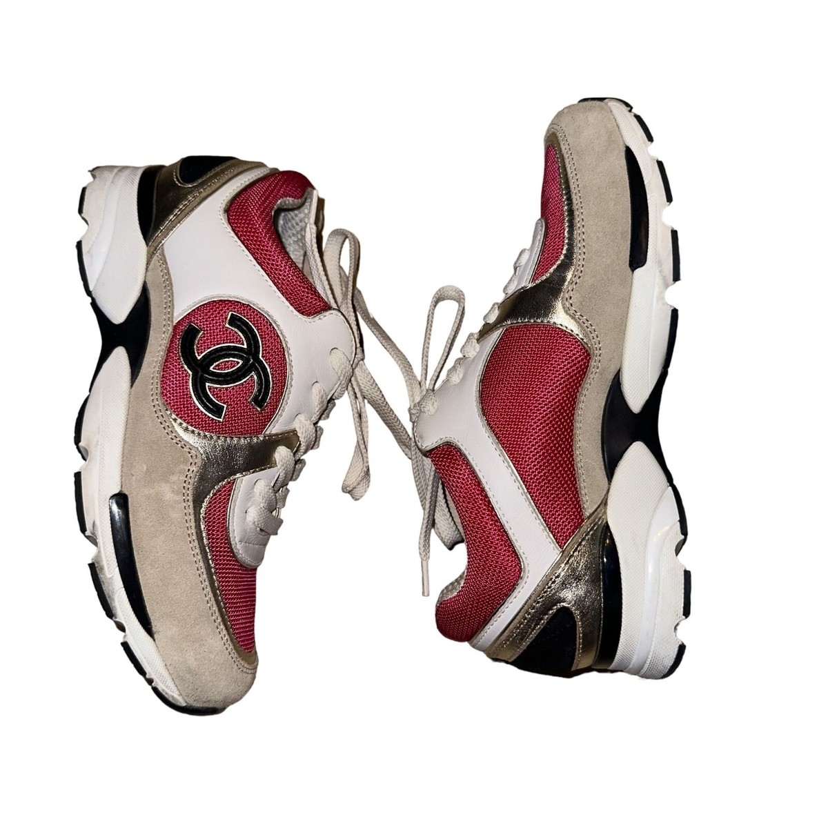 Chanel Pink White Tan Suede Lace-Up CC Trainer Sneakers Women's