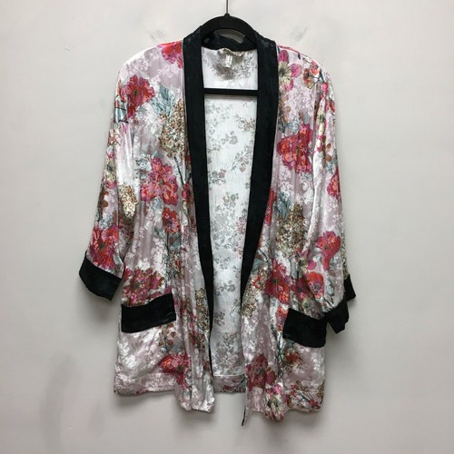 Free People Black Pink Floral Long Sleeve Open Satin Ladies Who Lounge Kimono M