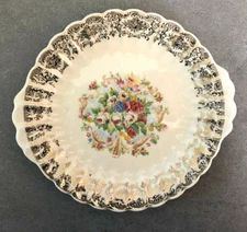 American Limoges? Leigh Potters? Old Mirror Gold Filigree - HANDLED RELISH DISH