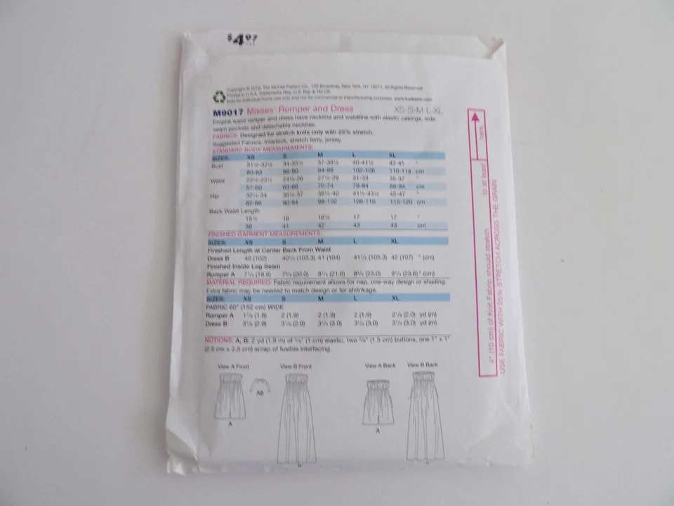 Stitch 'n Save McCall 9017 Size XS to XL Romper Dress Uncut Factory Folds - Image 2 of 3