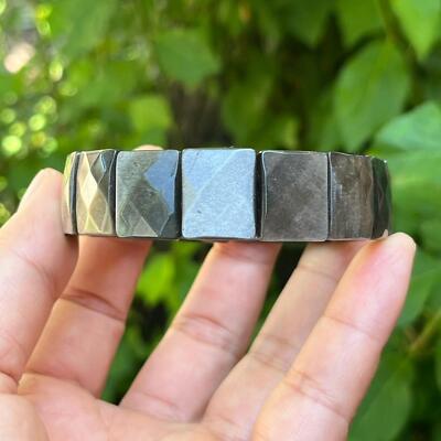 Stretchable faceted silver obsidian soft bangle