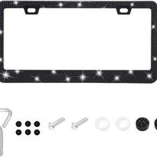 Sparkling Rhinestone Car License Plate Frame, Stainless Steel Crystal Black 1PC