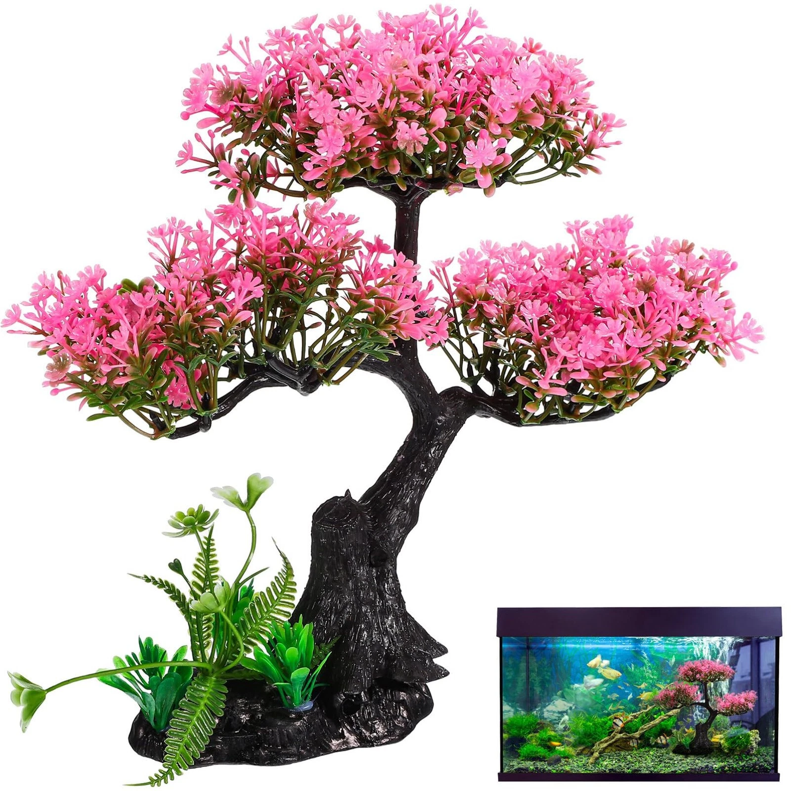 1 Set Artificial Aquarium Plants Pink Cherry Blossom Tree Decor Fish Tank Tre...