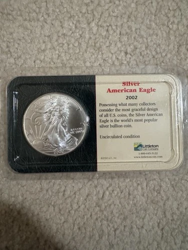 2002 American Silver Eagle 1 oz .999 Silver BU – Littleton Showpak Original