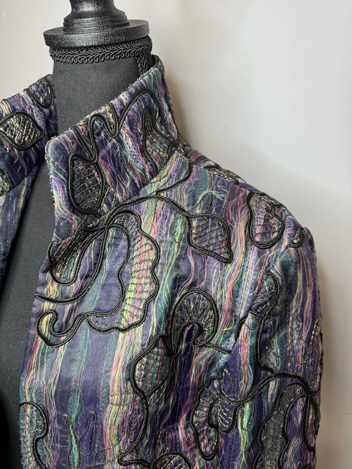 Grace Chuang Long Coat Open Front Beading Embroidered Size M Purple Black Green - Image 4 of 4