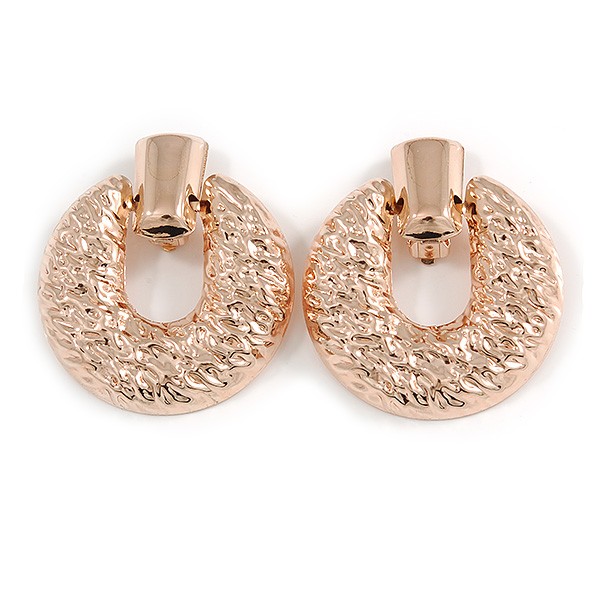 Large Round Hammered Clip On Earrings In Rose Gold Tone Metal - 60mm Long
