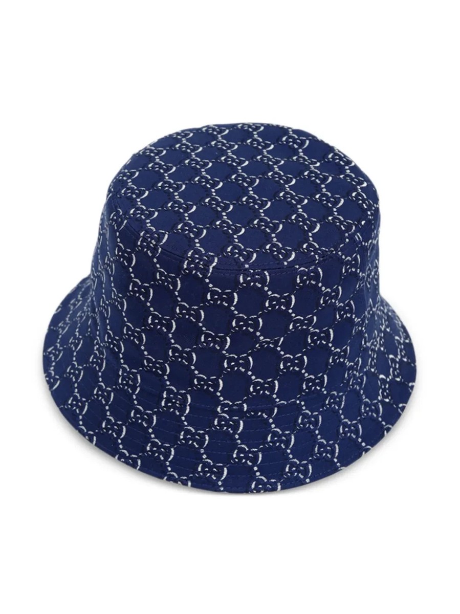 NWT Gucci Blue Cotton GG Shadow Bucket Hat Authentic Size L $675