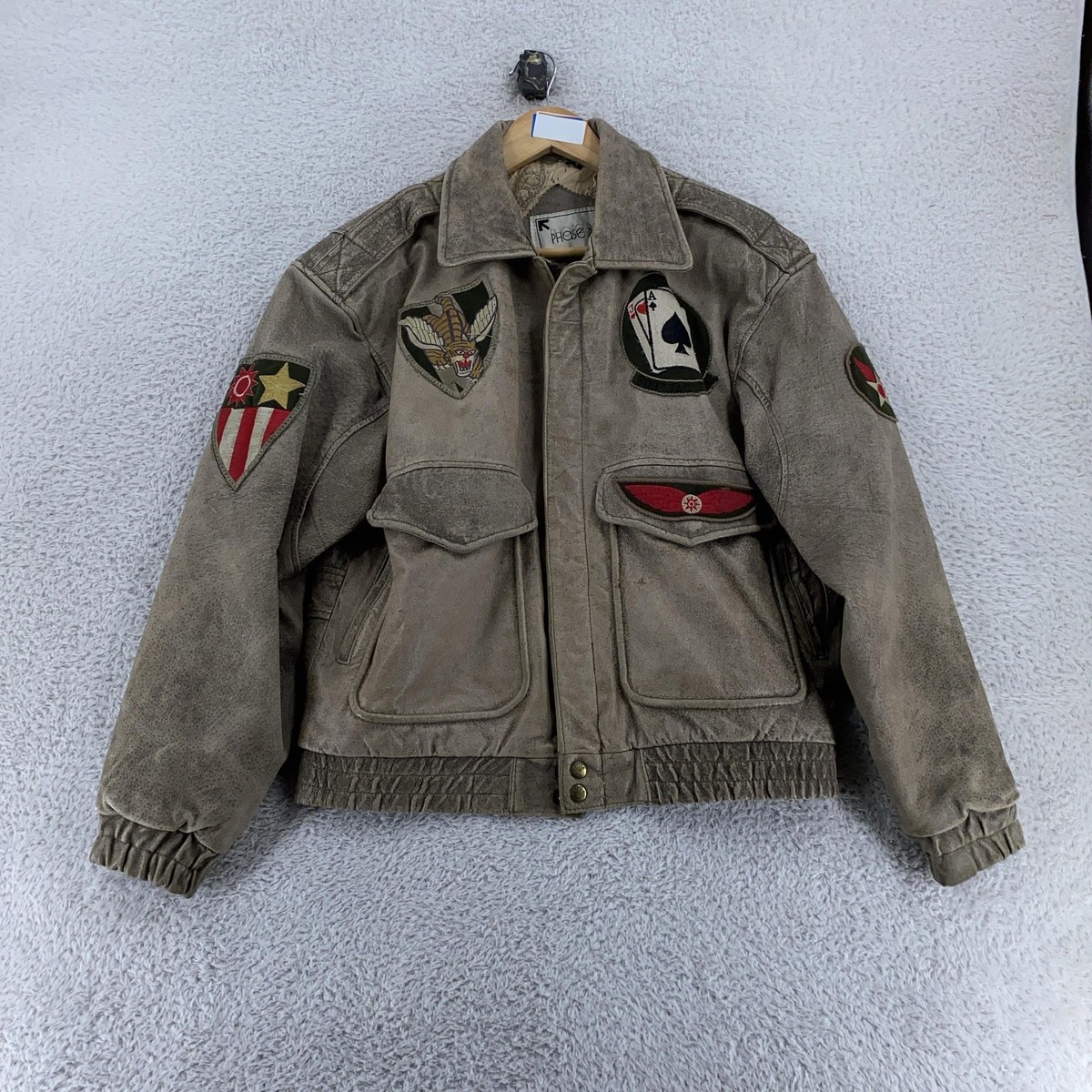 Vintage Phase Bomber Jacket Mens Medium Brown Leather Patch Map