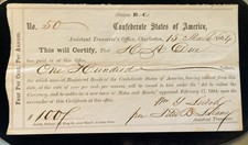 1864 $100 Confederate States of America Bond 4% Treasury Certificate -Charleston