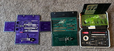 Vintage Drafting Tools Lot Triangles Templates Compass Slide Rule w/ Box