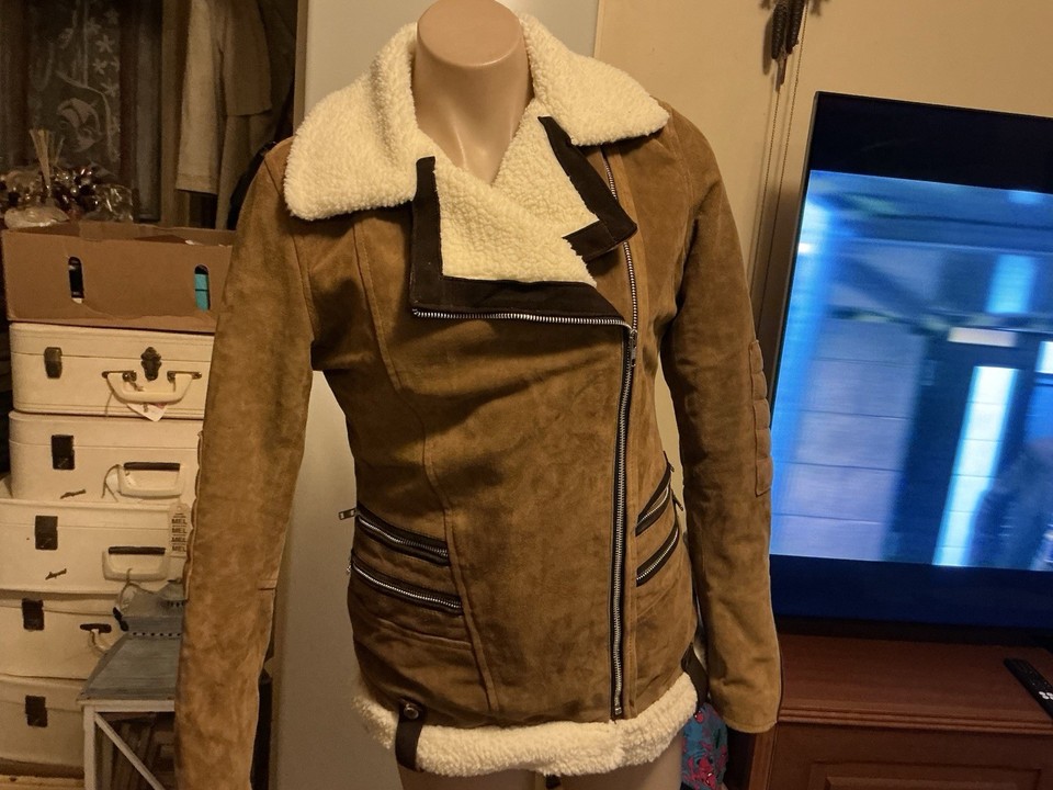 Women’s Tan Faux Suede Jacket Exposed Zipper Faux Fur Lining Size M