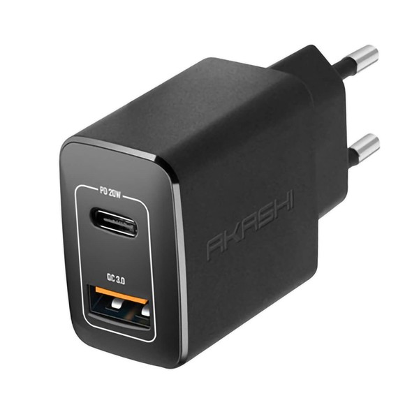 Dual USB-A Qc 3.0 + USB-C Pd 20W Netzteil, Akashi - Schwarz-image