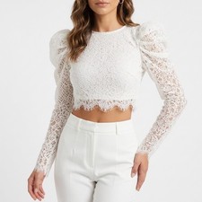 Naked Wardrobe Off White Floral Lace Ruffle Draped Crop Top Small