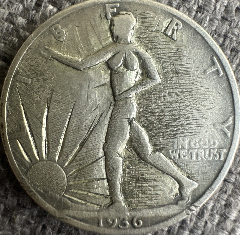 Hobo Half Dollar 1936 Standing Liberty Carved Artist Initial On Reverse 
