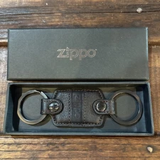 Zippo Valet Key Chain Black Leather Double Ring Brown Stitching Gun Metal Rings
