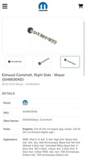 NEW Genuine Mopar 05048030AD Exhaust Camshaft Right 3.6L V6 Jeep Dodge RAM