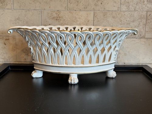 Vintage Footed Centerpiece Bowl Reticulated Porcelain Gold Trim Floral Lattice