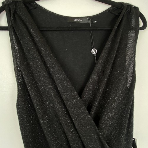 Vertigo XL Sleeveless Dress Belt V Neck Maxi Glitter Party Cocktail Black Flowy - Picture 3 of 12