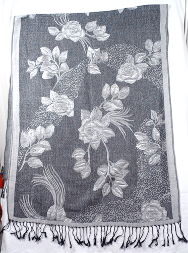 SAM WELL 100% PASHMINA Cashmere Scarf Wrap Shawl Black/White/Gray Tassels 0383 - Picture 3 of 5