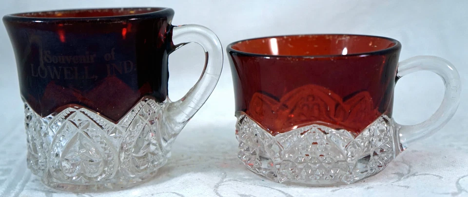 2 Ruby Flash Pressed Glass Cups 1 Souvenir of Lowell, IND. - Image 2 of 4