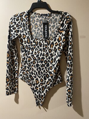 Boohoo Long Sleeve Bodysuit Leopard Print Womens Size 4Snap Closure NWT
