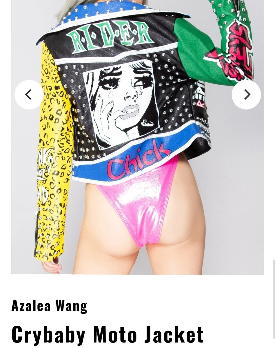 azalea wang cry baby patch moto jacket blue multi, plus size