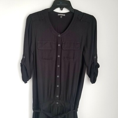Express Button Front Jumpsuit Womens XS Roll Tab Sleeve Black Viscose Front  Tie