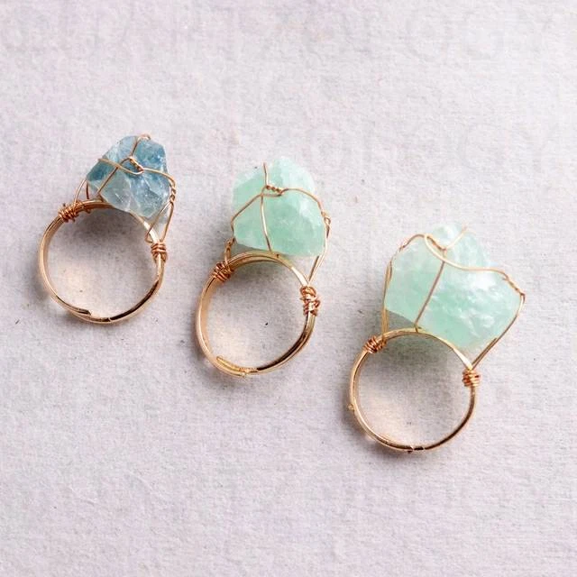 Green Fluorite ring wire wrapped Raw Stone adjustable crystal
